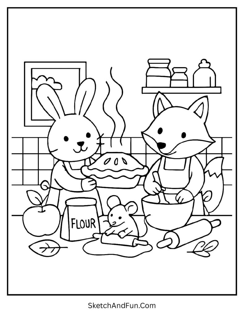Fall coloring pages with animals baking apple pie in a cozy woodland kitchen