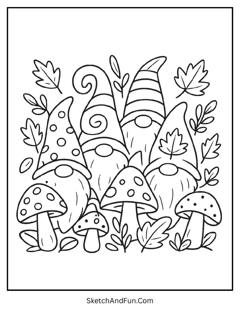Autumn coloring pages printable with gnomes, mushrooms, and crunchy leaf piles