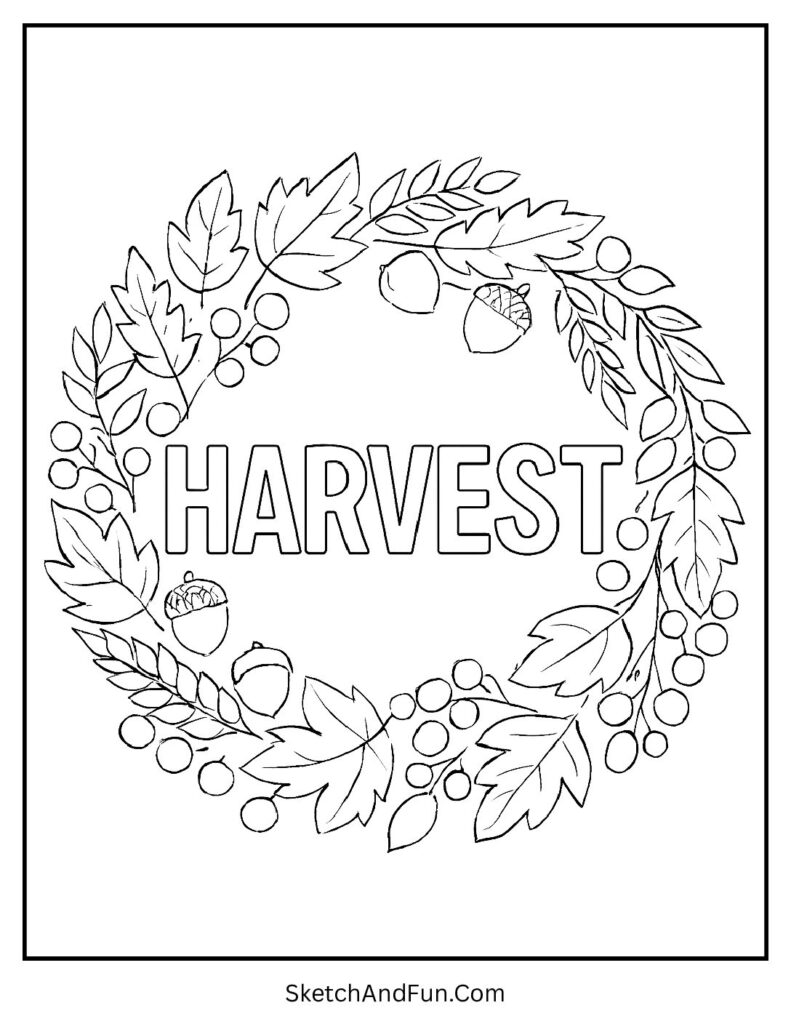 Leaf and acorn wreath with “Harvest” text for harvest coloring sheets free.