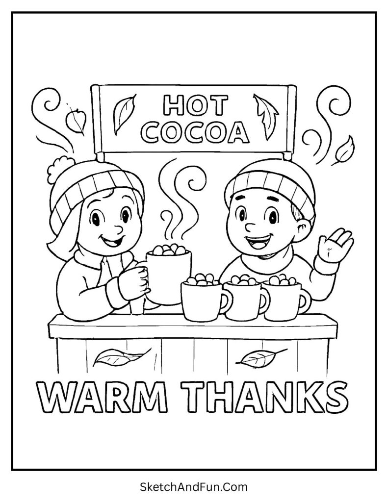 Kids selling cocoa on Thanksgiving coloring pages simple turkey cozy stand.