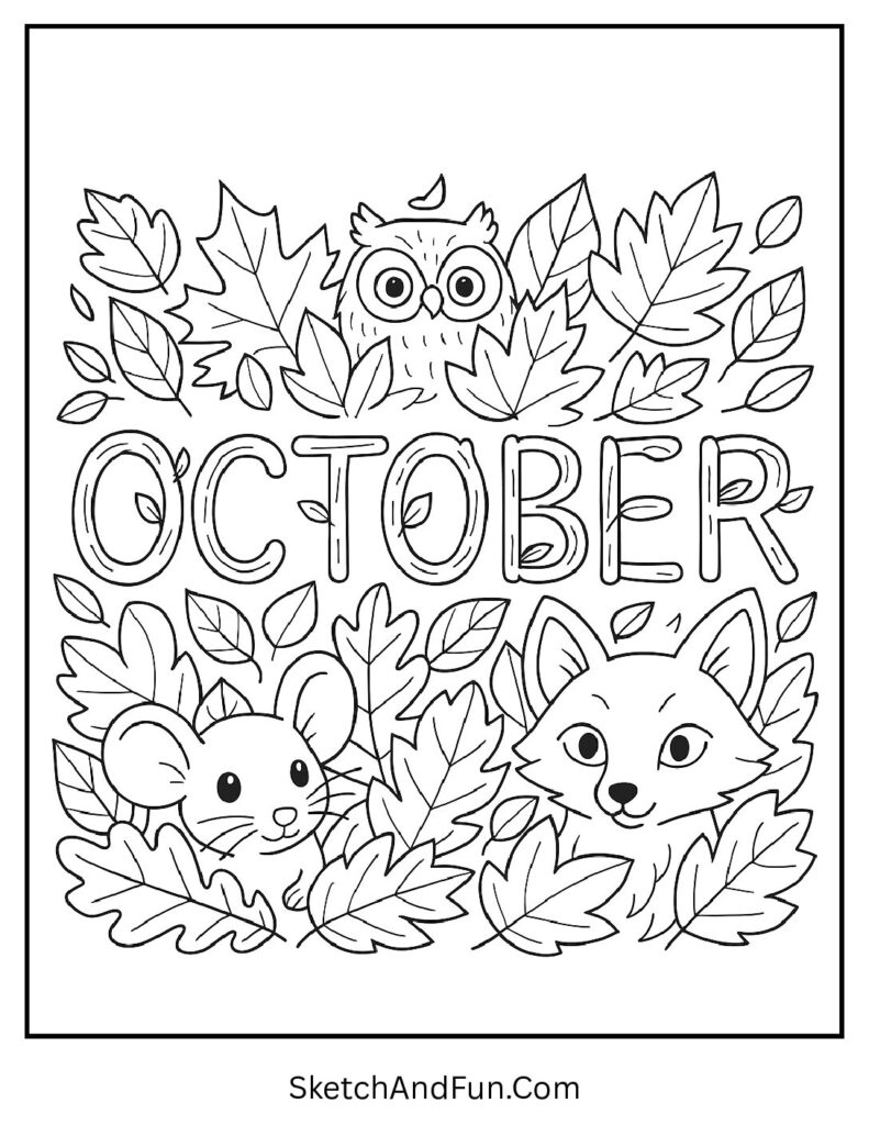 Animals hiding in leaves spelling out “October” – October fall coloring pages