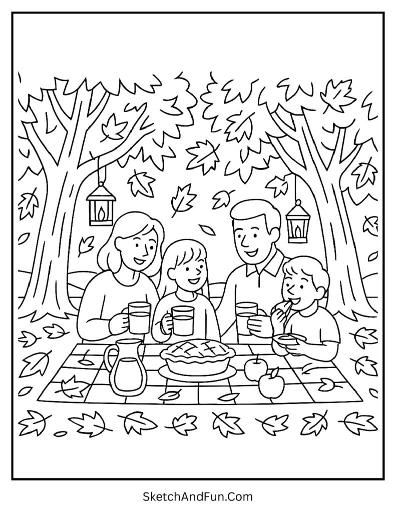Fall season coloring pages of a family picnic under colorful autumn trees