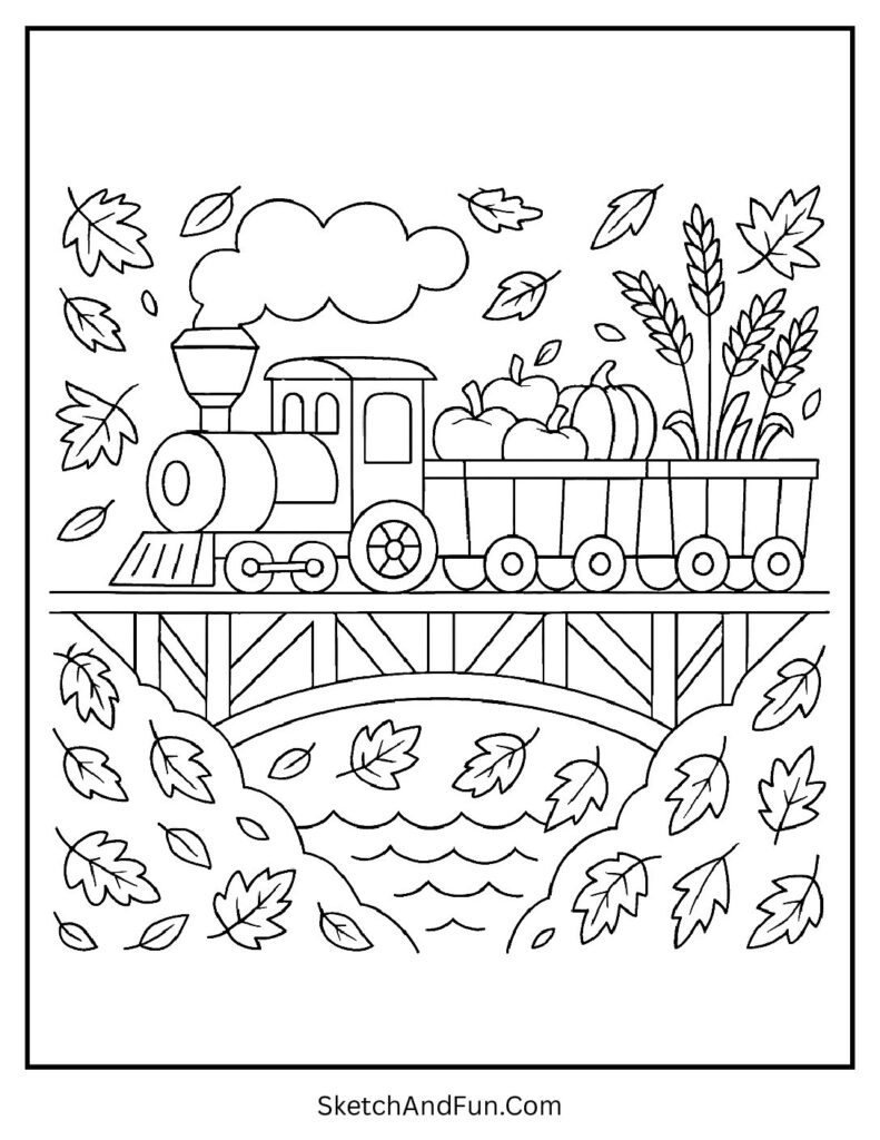 Train with apples and pumpkins for free thanksgiving printable adult coloring pages.