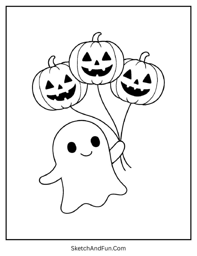 A baby ghost floating with pumpkin balloons is part of the easy ghost coloring sheets collection.