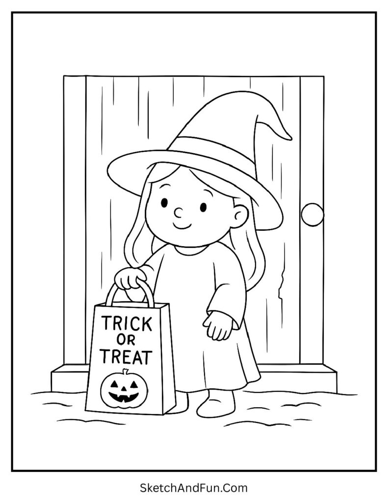 Baby Witch with Trick or Treat Bag Coloring Page pdf