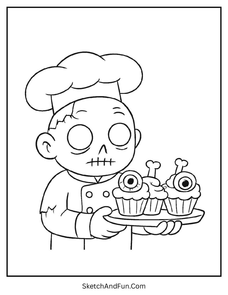 Zombie chef serving spooky cupcakes – zombie coloring craft ideas for kids.