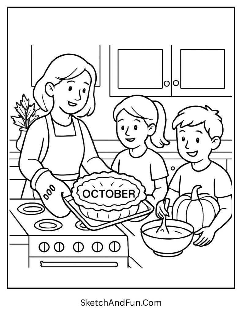 Family baking pie with “October” on crust – cute October coloring pages