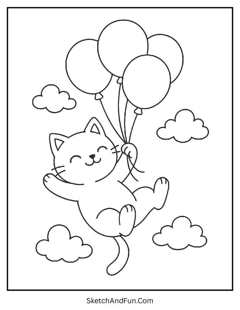 Playful kitten flying on balloons in the sky for free cat coloring pages printable for kids.