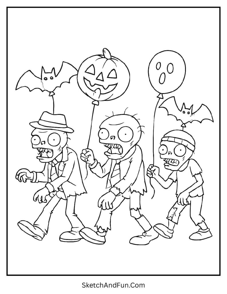 Zombie parade with balloons – girl zombie coloring pages with Halloween feel.