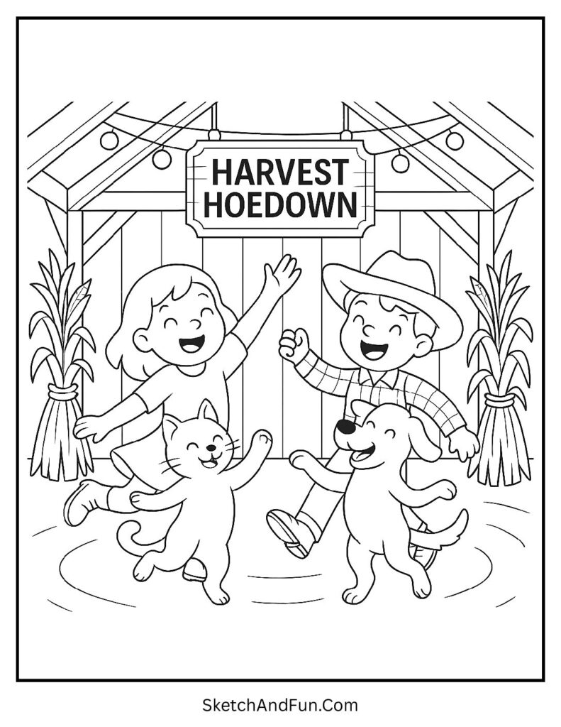 Children and animals dancing in barn for thanksgiving color pages festive.