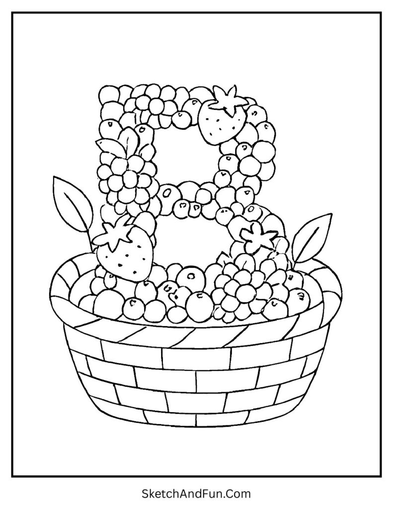 Basket full of berries forming B – letter b crafts and coloring activity for kids.