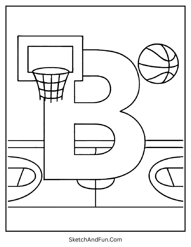 Basketball court with hoop as B – letter b mandala coloring page for sporty k