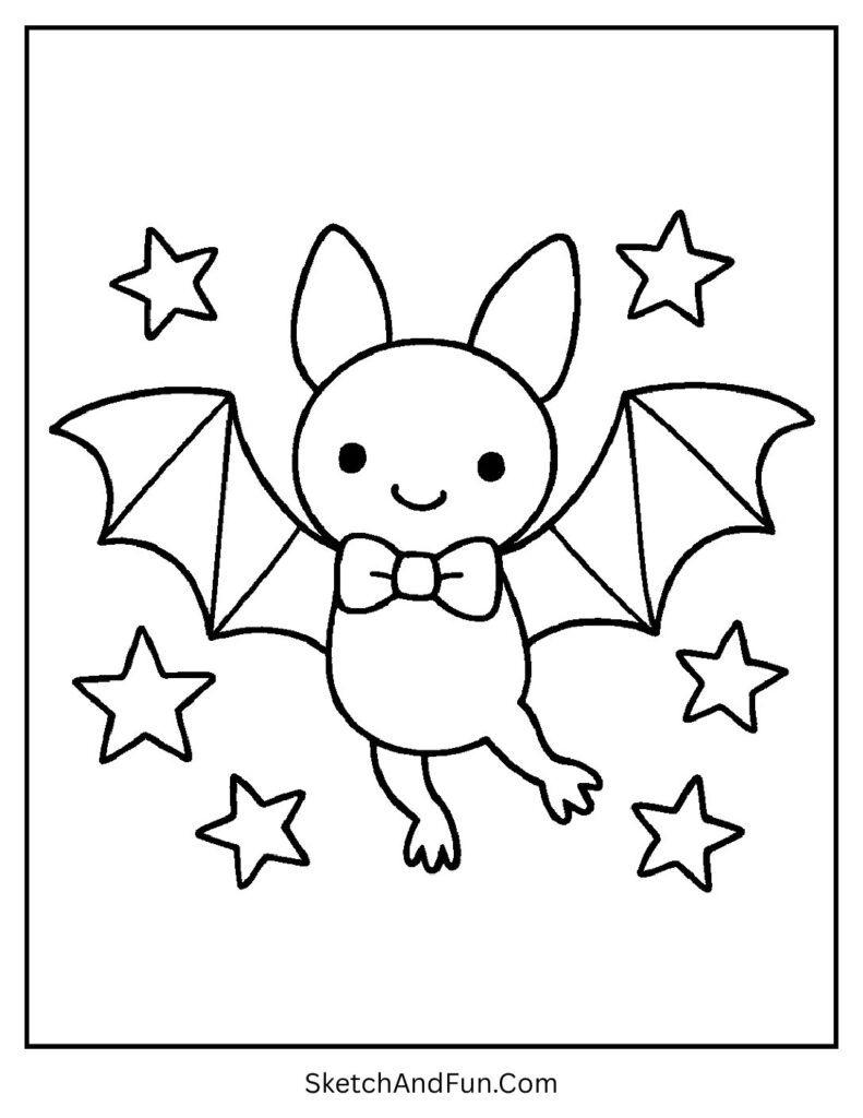 A bat wearing a bowtie flying at night – cute Halloween coloring pages