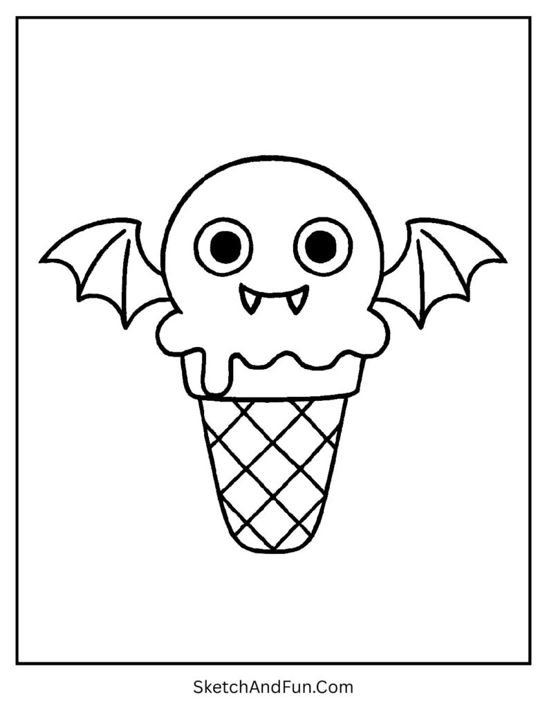 An ice cream cone with bat wings and fangs – Halloween bat and moon coloring page