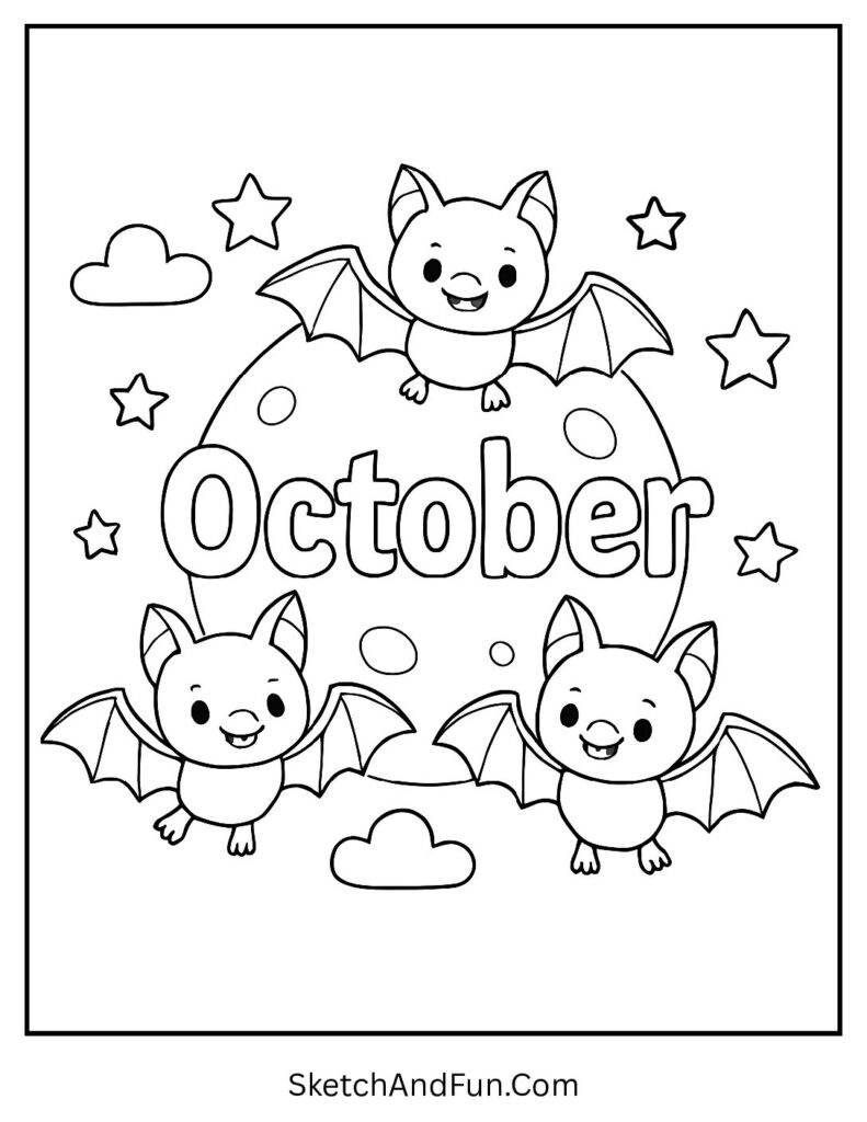 Bats flying across moon forming “October” – October coloring pages for adults