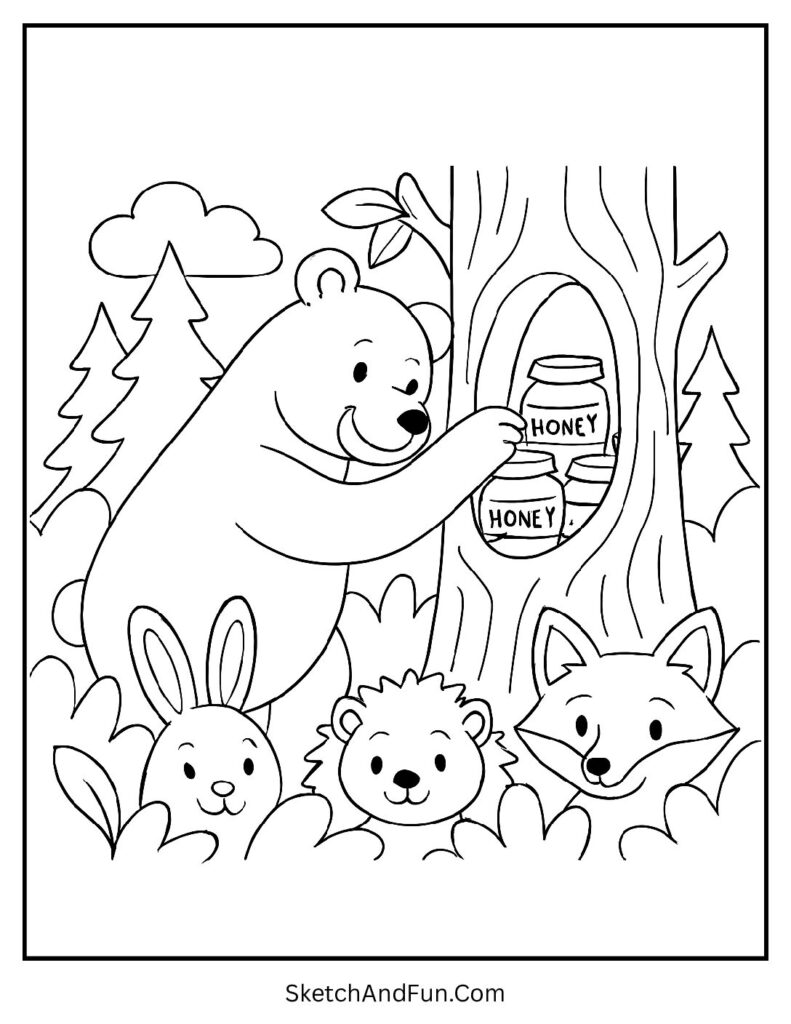 Bear collecting honey jars on Thanksgiving coloring printables free woodland idea.