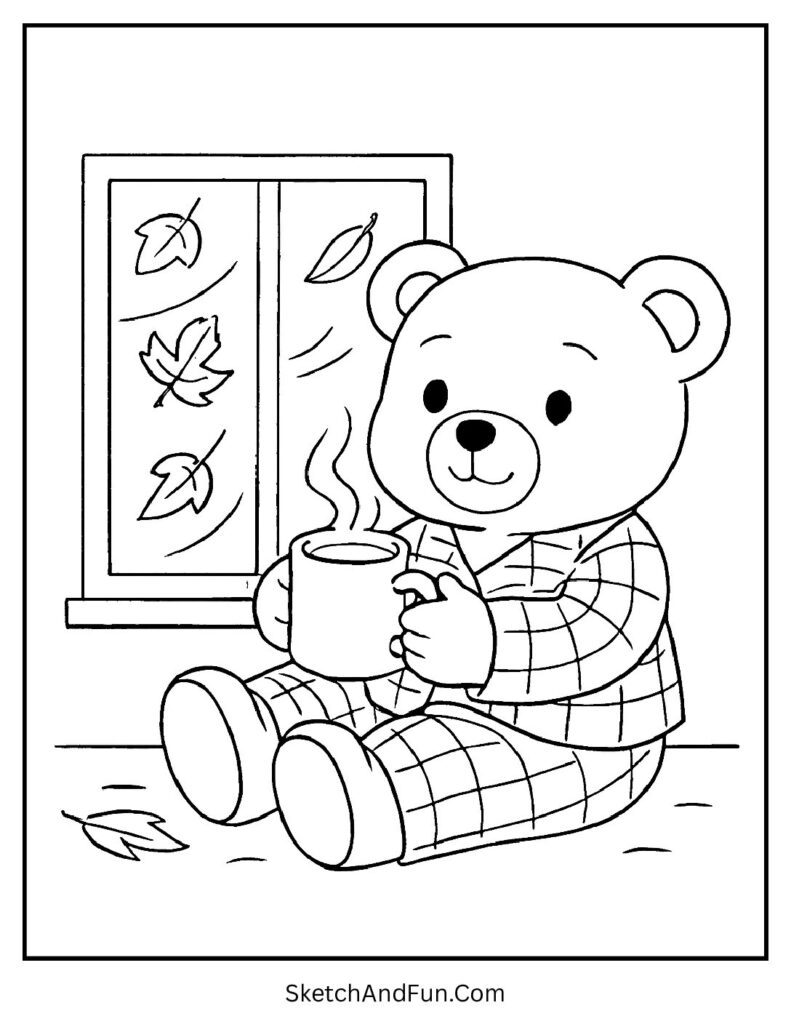 Fall coloring pages for toddlers with a bear sipping cocoa beside the window