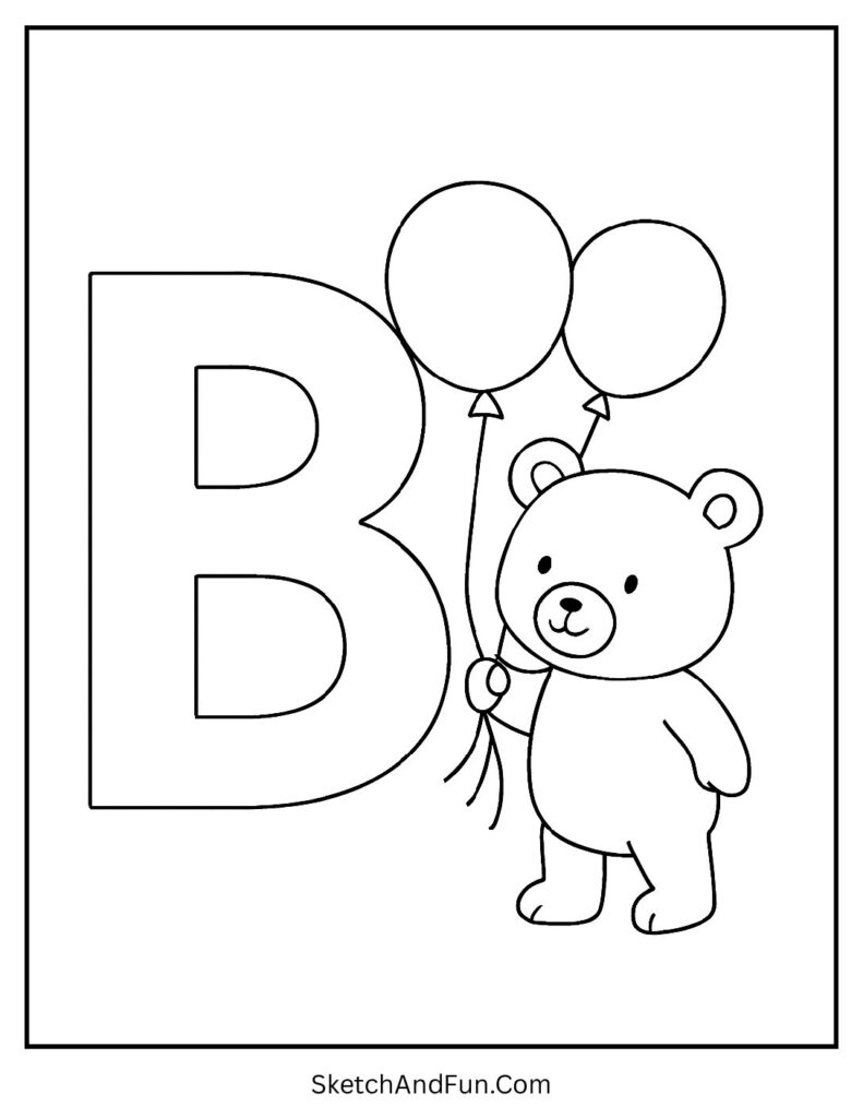 Bear holding balloons tied to a big B – letter b coloring pages for preschoolers.