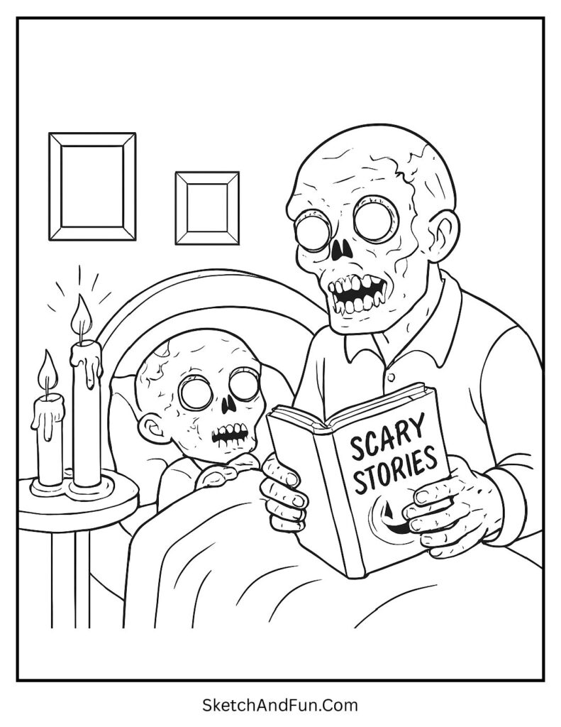 Bedtime zombie with spooky story – zombie coloring pages for adults relaxing scene.