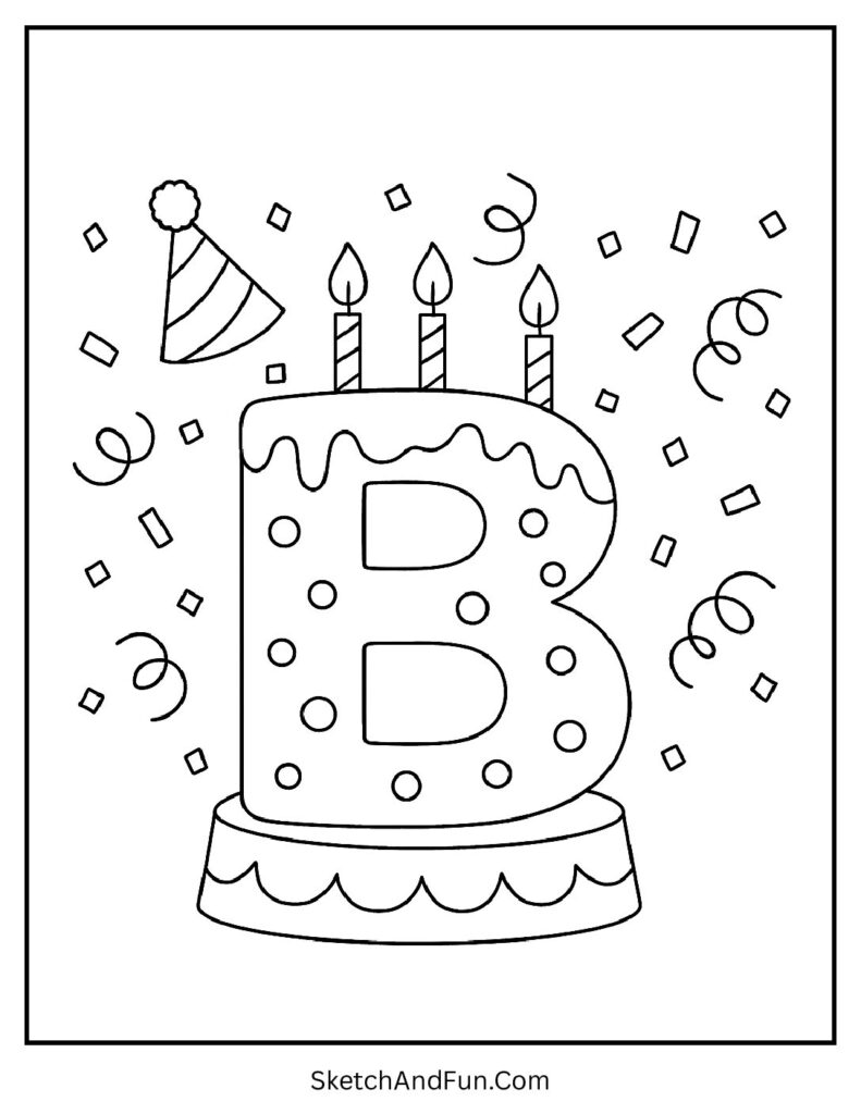 Birthday cake shaped as letter B – letter b coloring page pdf download for parties.