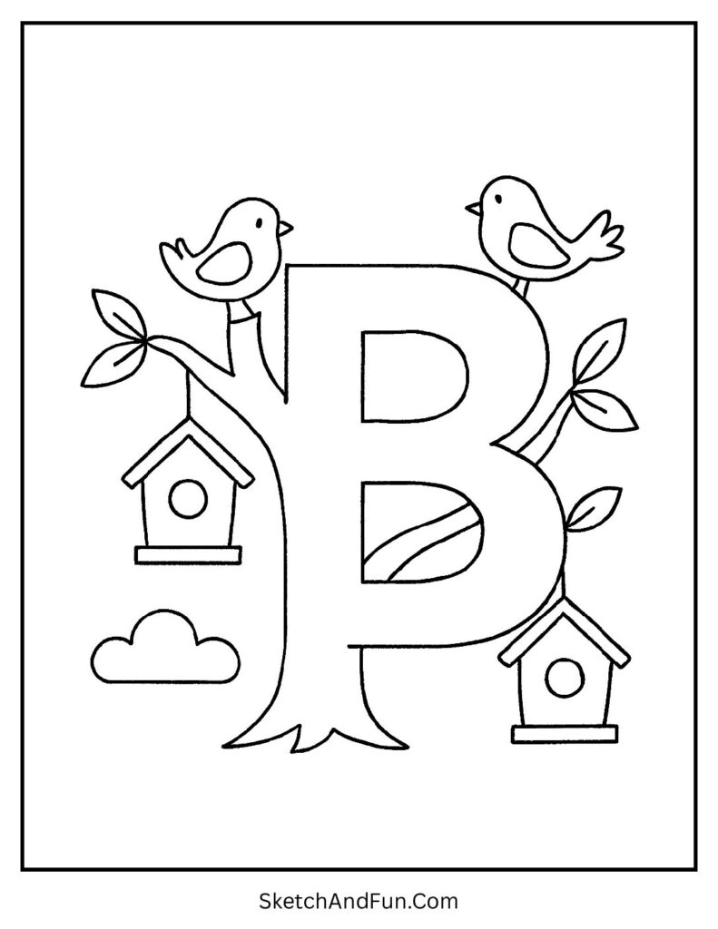 Letter B with birdhouses on a tree – ASL letter b coloring page for learning signs.