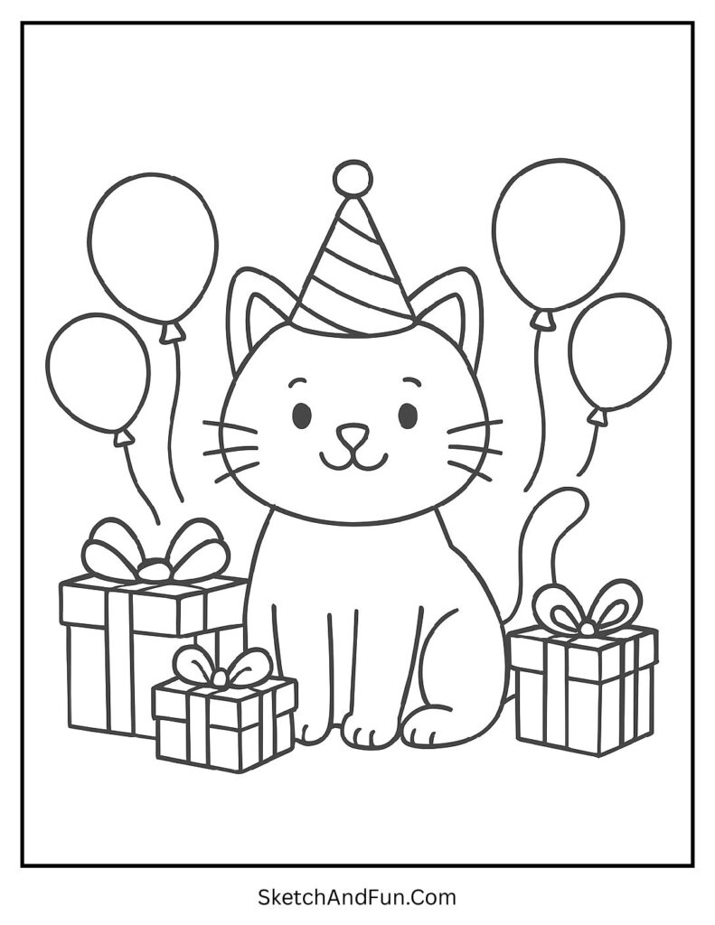 Party kitten with balloons and gifts for festive detailed cat coloring pages celebration