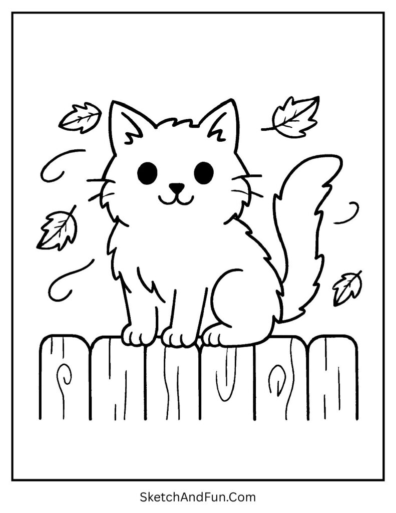 A black cat sitting on a fence with fall leaves – Halloween cat coloring pages