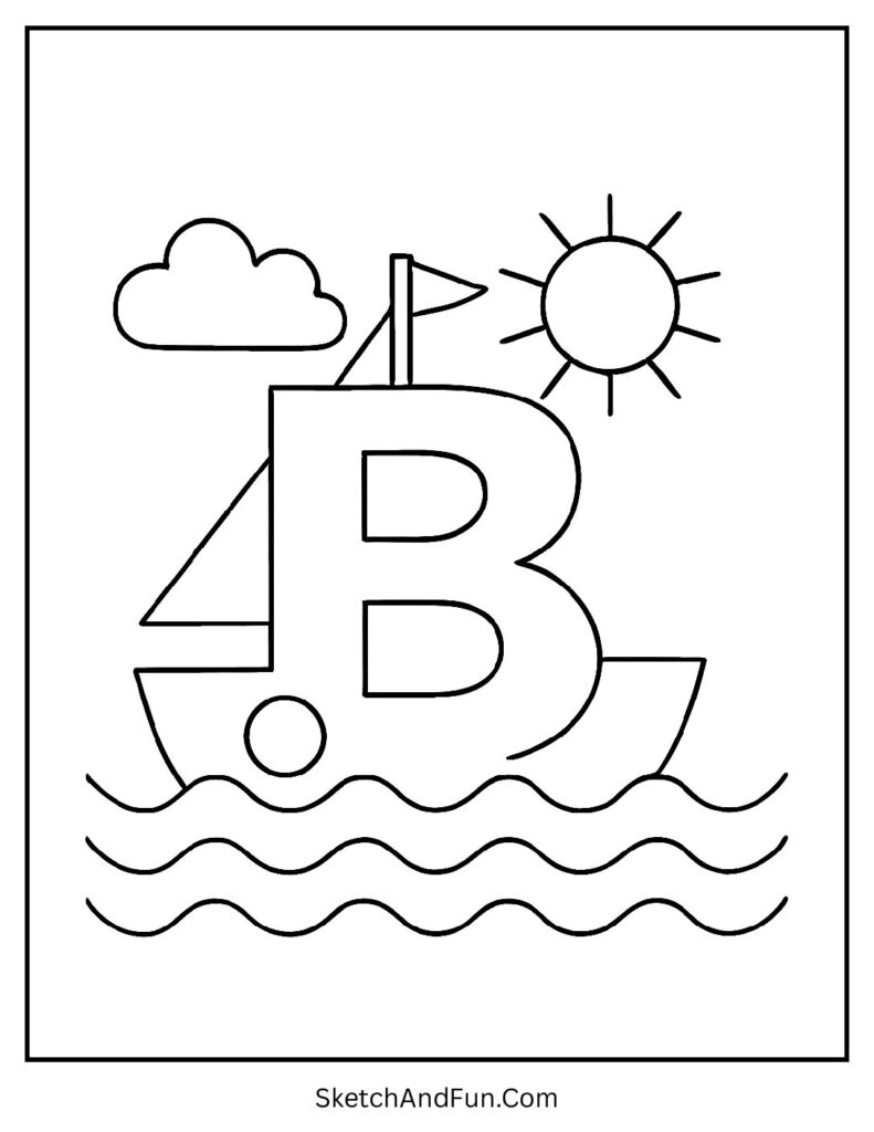 Boat-shaped B sailing on waves – letter b coloring sheet for kindergarten fun.