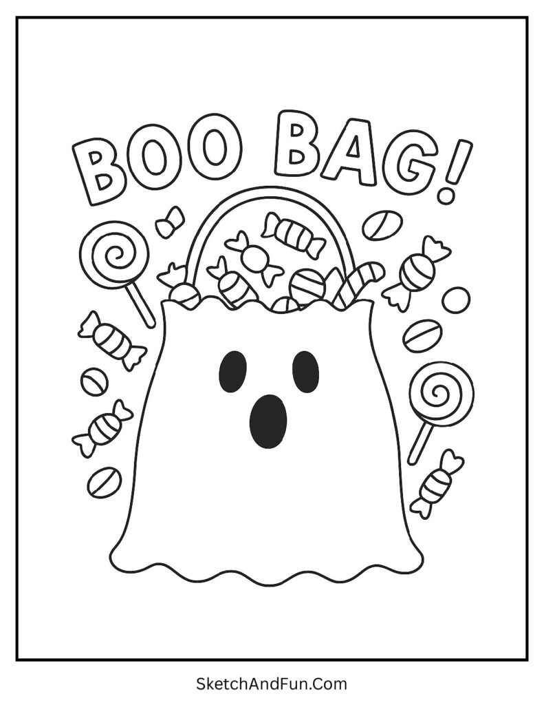 Ghost-shaped bag full of candies for trick or treat coloring page bucket with candy.
