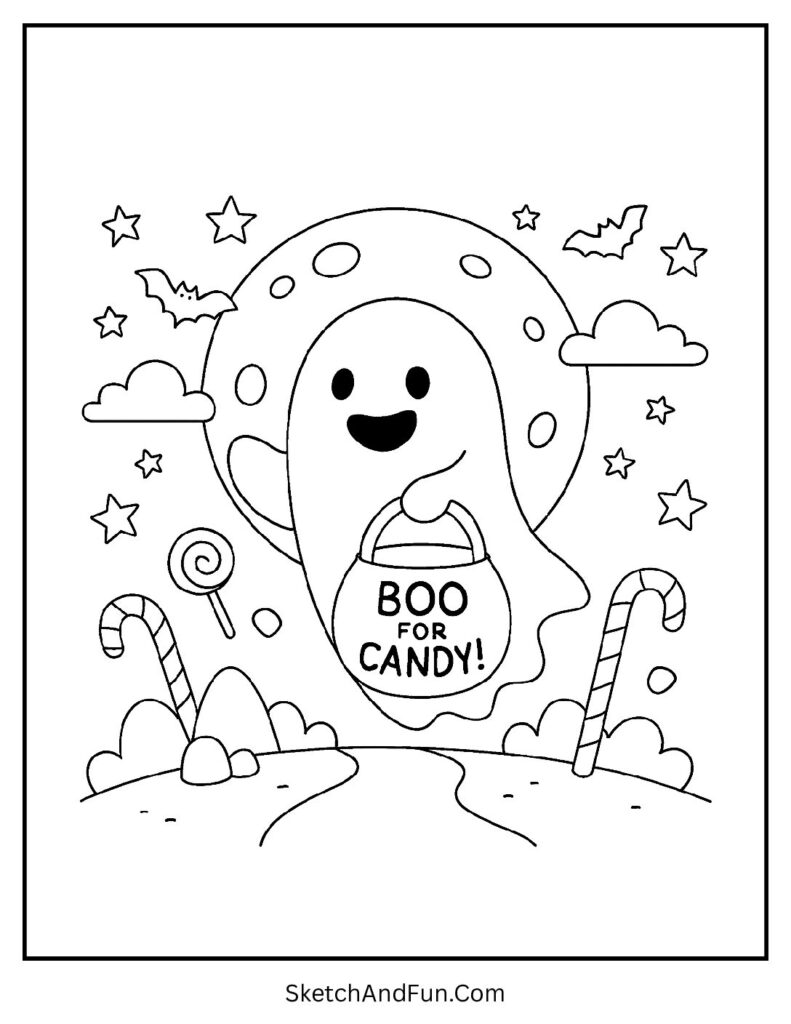 Ghost holding candy basket for trick or treat coloring sheet spooky fonts.