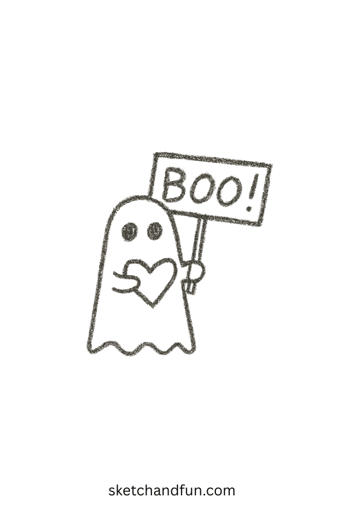 Ghost with a Boo sign and smile, fun twist on spooky ghost drawing