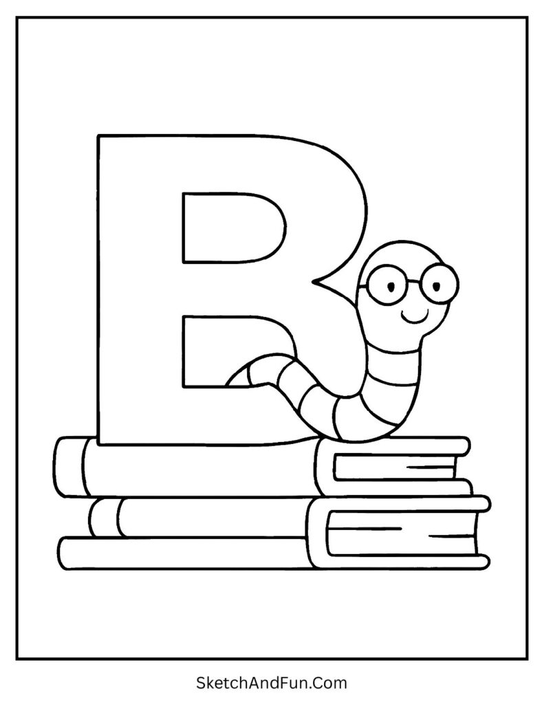 Worm in a B-shaped book stack – letter b coloring page for adults to enjoy.