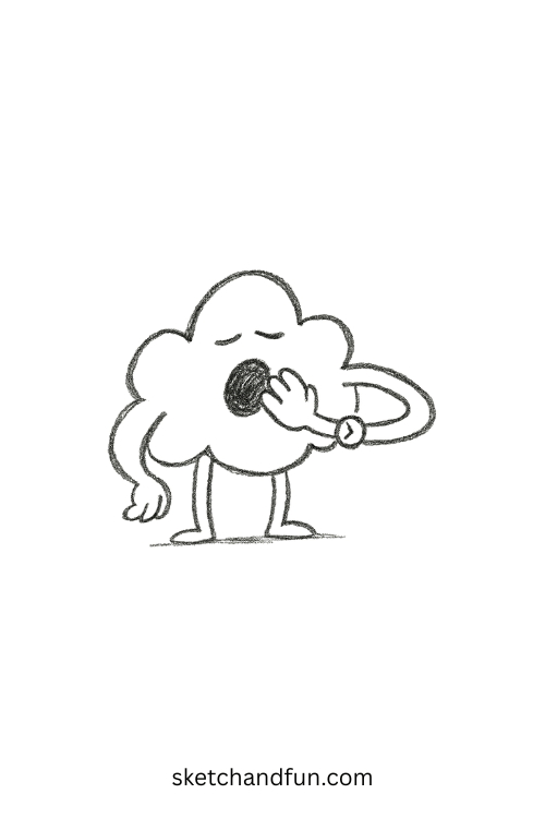 Yawning cloud looking at a watch โ fun drawing idea for beginners who love lazy characters