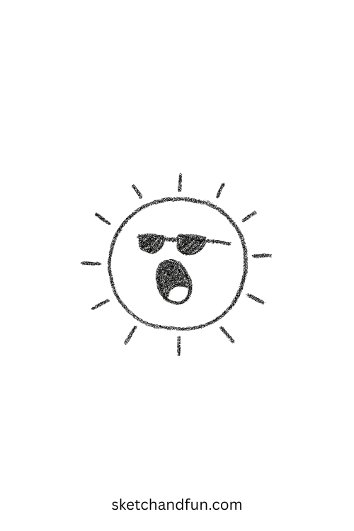 Sun hiding behind sunglasses, lazy goofy ahh drawing funny face from a cartoon sky scene