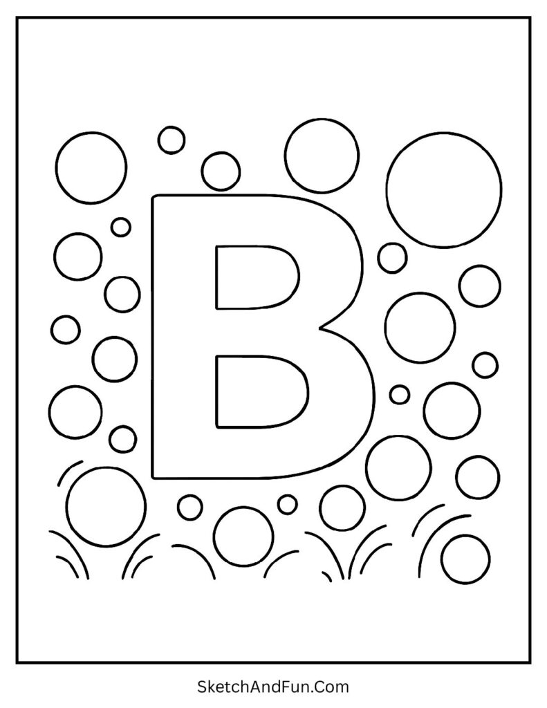 Giant letter B with bouncing balls – letter b coloring pages free printable for kids.