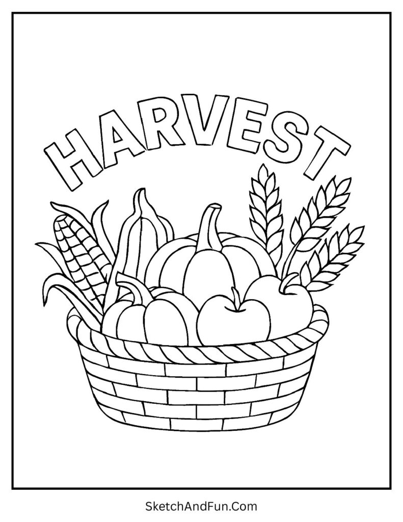 Basket of pumpkins, corn, apples, and wheat for harvest basket coloring pages.