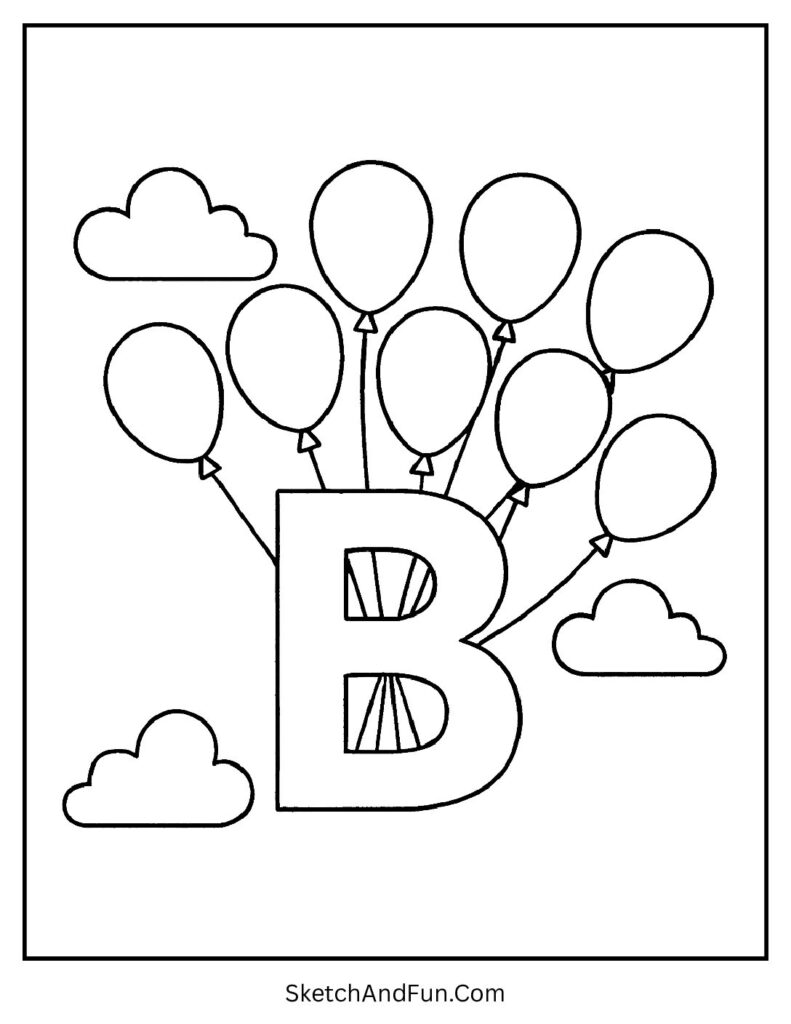 Floating balloons tied to B – detailed letter b coloring printable for children.