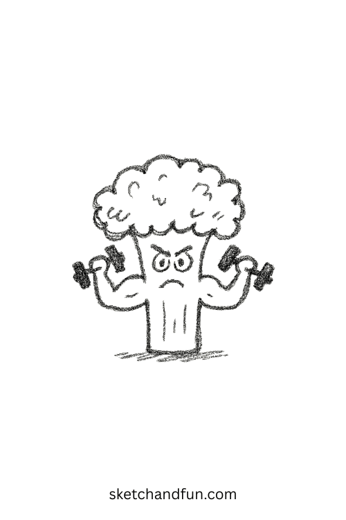 Muscular broccoli lifting baby carrot weights โ a silly cartoon sketch idea with veggies