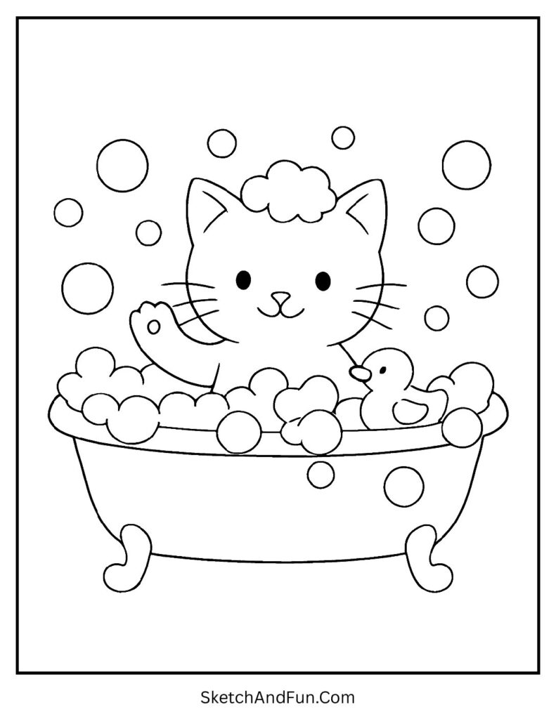 Kitten with bubbles and duck in bathtub for playful cat coloring sheets free for children.