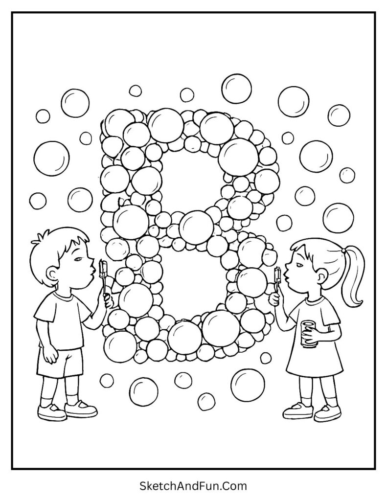Letter B made of bubbles with kids blowing wands – bubble letter b coloring page.
