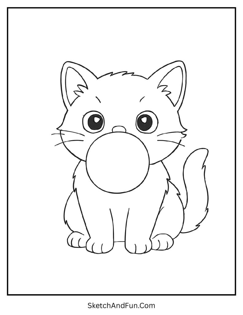 Kitten blowing giant bubblegum for fun cat outline coloring page printable.