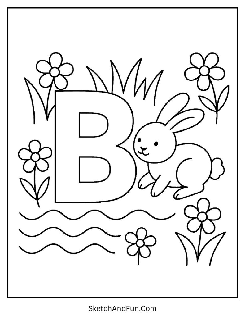 Bunny near a large B with grass and flowers – letter b coloring pages for toddlers.