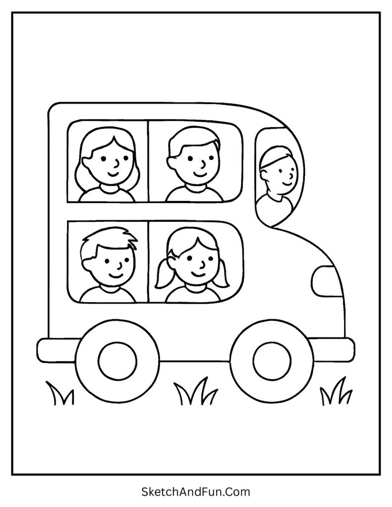 Bus-shaped B with smiling kids – letter b coloring pages with tracing for school.
