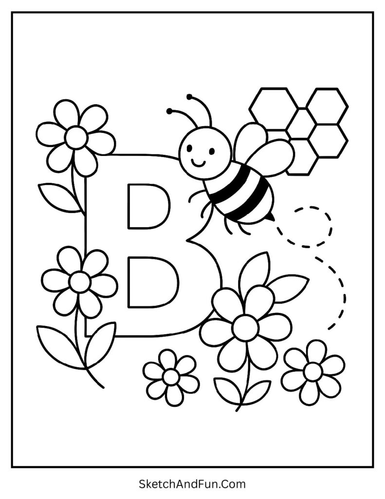 Bold B with bee, honeycombs, and flowers – b is for bee coloring page for children.