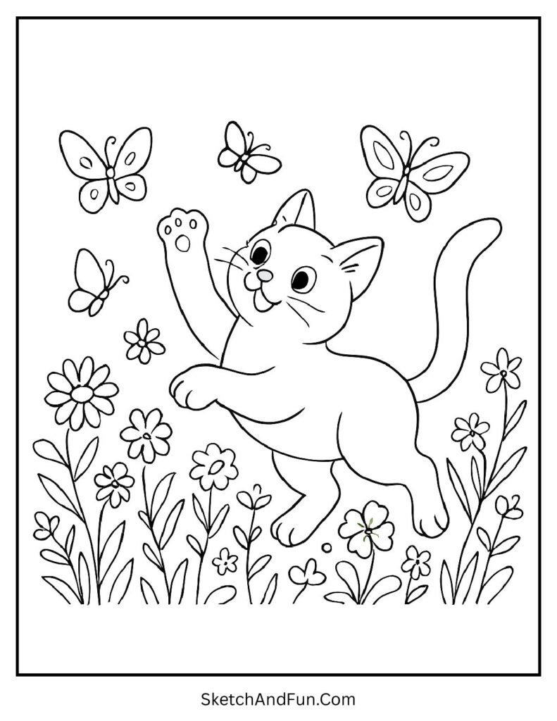 Playful kitten chasing butterflies in flowers for lively black cat coloring pages theme.