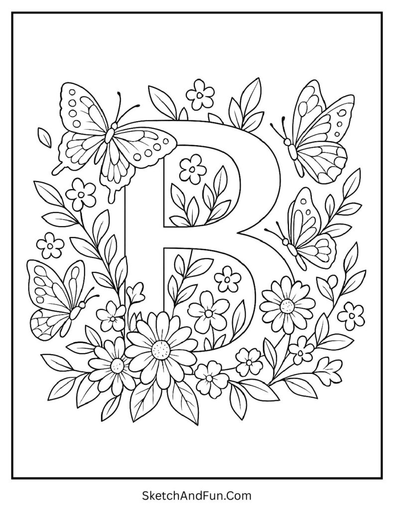 Letter B with butterflies and flowers – letter b coloring pages with animals.
