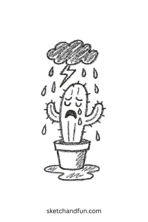 Crying cactus under raincloud, oddly emotional goofy ahh drawings for Pinterest art boards