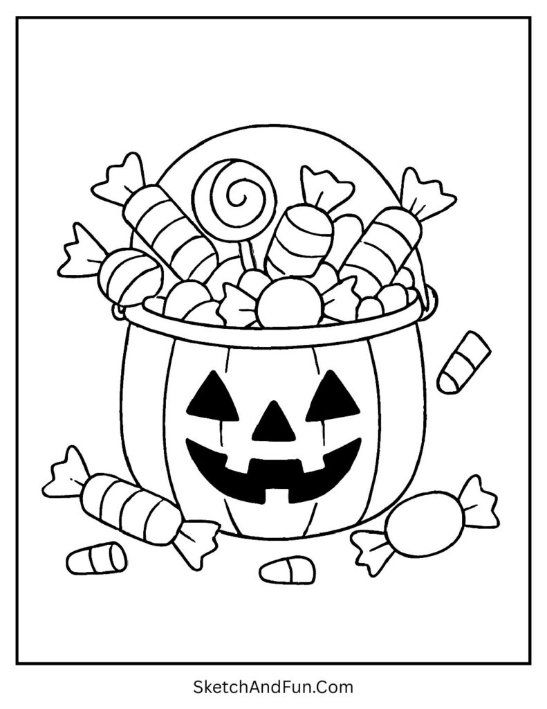 A Halloween bucket spilling over with candy – free Halloween coloring pages