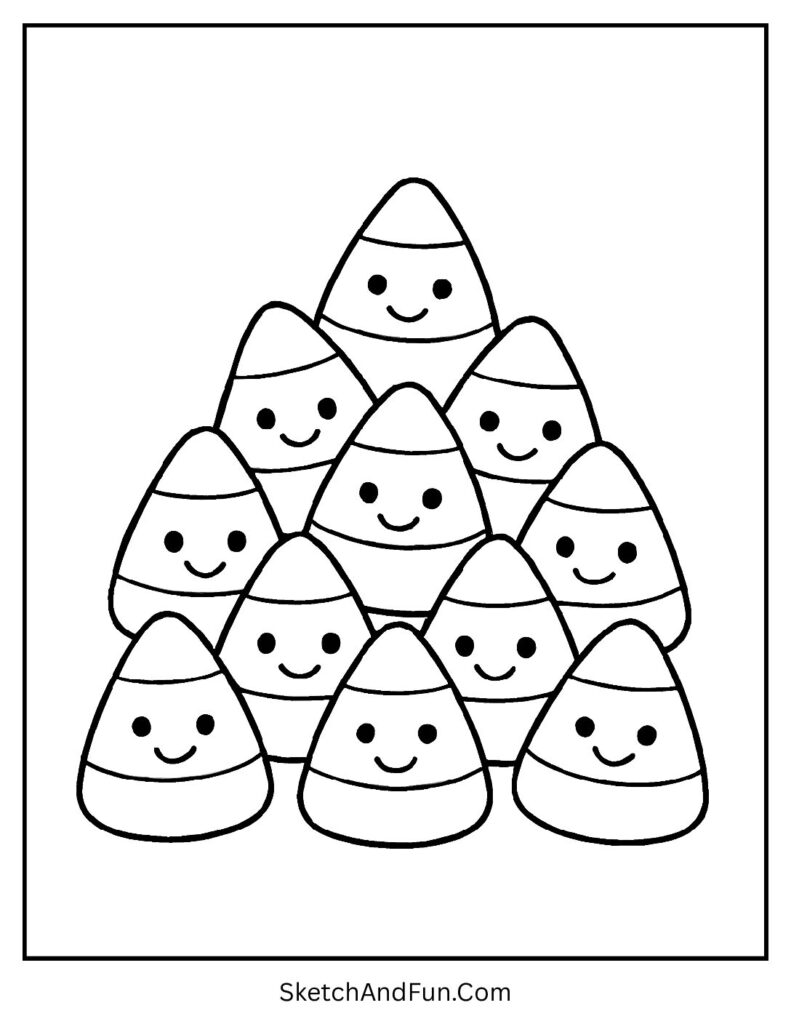 A pile of candy corn with happy faces – coloring pages of Halloween candy