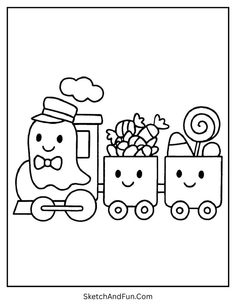 A ghost train carrying candy and treats – Day of the Dead coloring pages